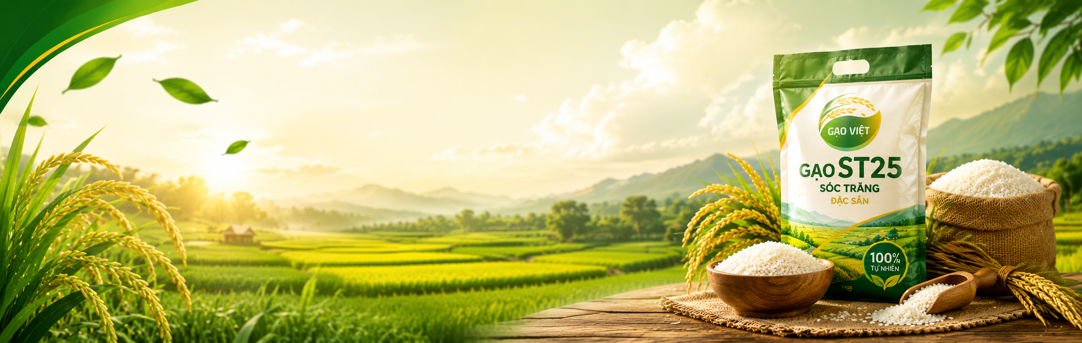 Cánh đồng lúa và bao gạo ST25 Sóc Trăng